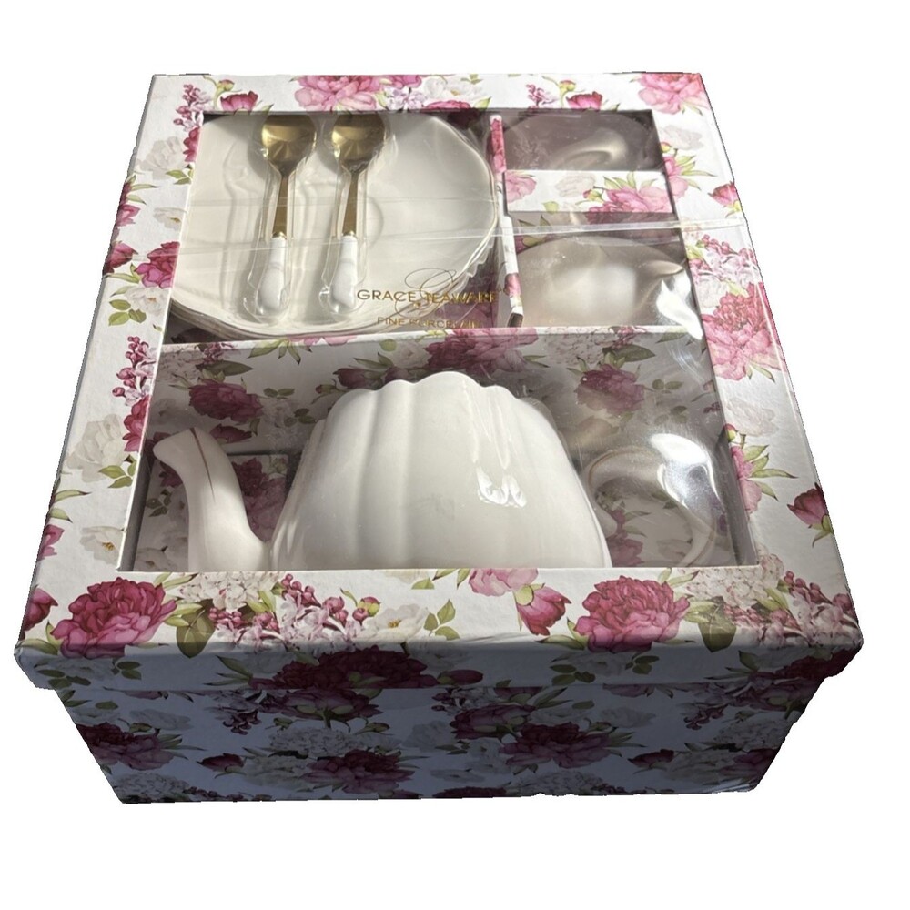 Grace Teaware Fine Porcelain 7-Piece Tea Set Cream & Gold Design